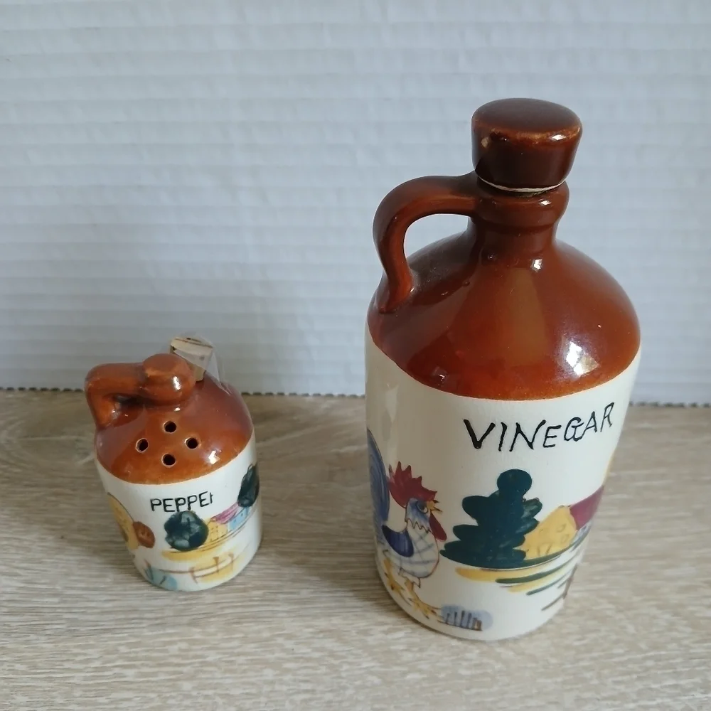 VTG RELCO JAPAN Blue Rooster Brown Stoneware VINEGAR with PEPPER